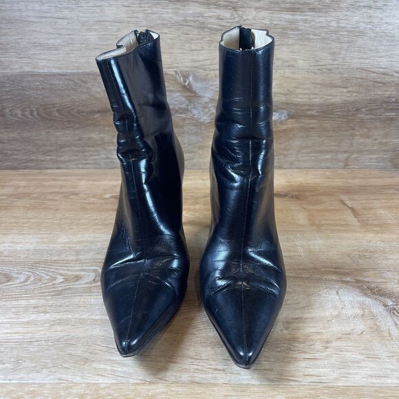 Jimmy Choo Black Pointy Toe Leather Bootie Boots Size 37.5 US 7.5 W Box - Picture 2 of 13